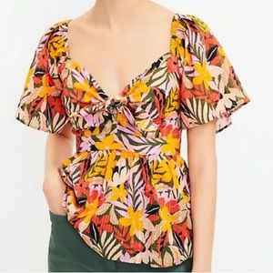LOFT Tropical Flutter-Sleeve Tie-Neck Top